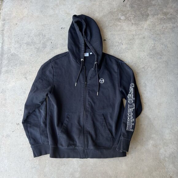 Sergio Tacchini Fleece zip up Hoodie Men's M Black Spellout Logo EUC - Picture 1 of 2